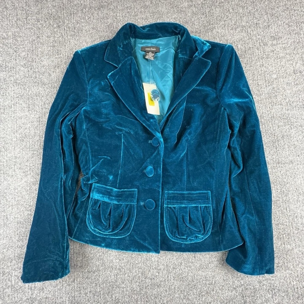 Susan Lewis Blazer Womens Petite Small Blue Velvet 3 Button Lined Jacket D35055P